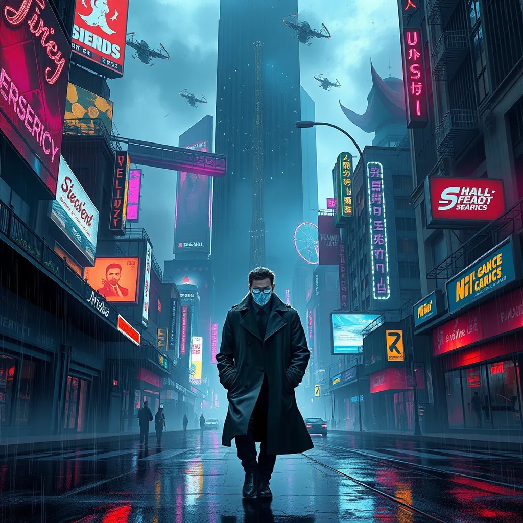 A towering, neon-drenched cyberpunk city, with holographic billboards advertising illicit services and flying vehicles weaving through the smog-filled sky. In the foreground, a lone figure in a trench coat walks down a rain-slicked street, their face obscured by a glowing cybernetic mask.