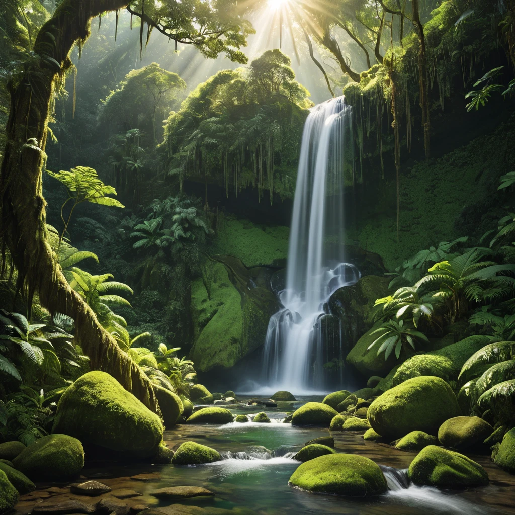 A cascading waterfall surrounded by lush, emerald-green rainforest, with sunlight filtering through the dense canopy, casting dappled shadows on the moss-covered rocks below.