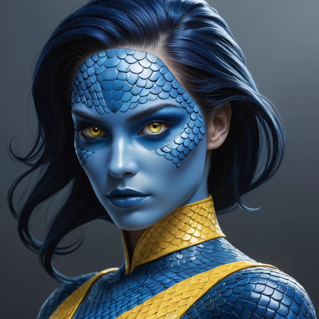 Mystique shifting into form, blue scales transforming into smooth skin, piercing yellow eyes, a hint of mischief, dynamic pose, dramatic lighting, photorealistic