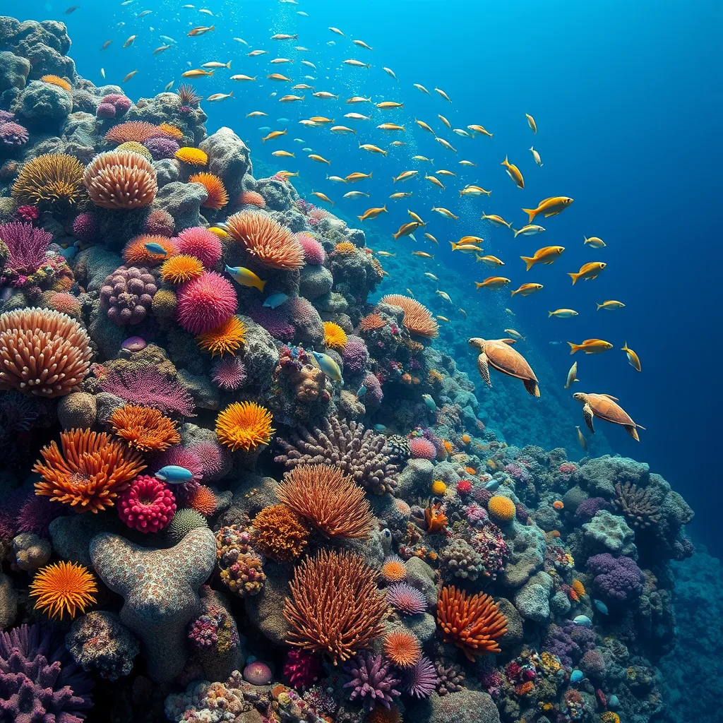 A vibrant, colorful coral reef teeming with marine life, including schools of fish, sea turtles, and vibrant anemones, all set against the deep blue ocean.