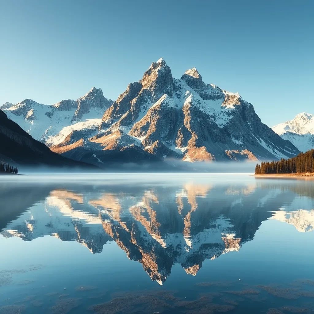 A serene alpine lake reflecting the towering, snow-capped peaks of the surrounding mountains, with a gentle mist hovering over the water's surface.