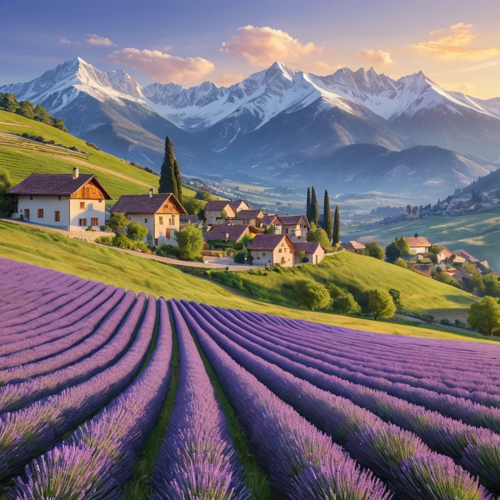 Rolling hills blanketed in lavender fields stretching towards a picturesque village nestled at the foot of snow-capped mountains, soft light, painterly style, calming atmosphere