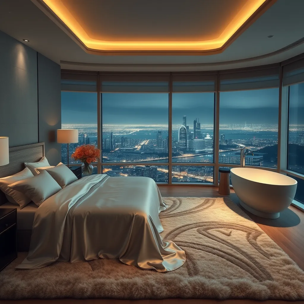 A luxurious bedroom with a king-size bed draped in silk sheets, a plush rug, and a large, freestanding bathtub with a view of a sparkling city at night. The room is bathed in soft, warm lighting.