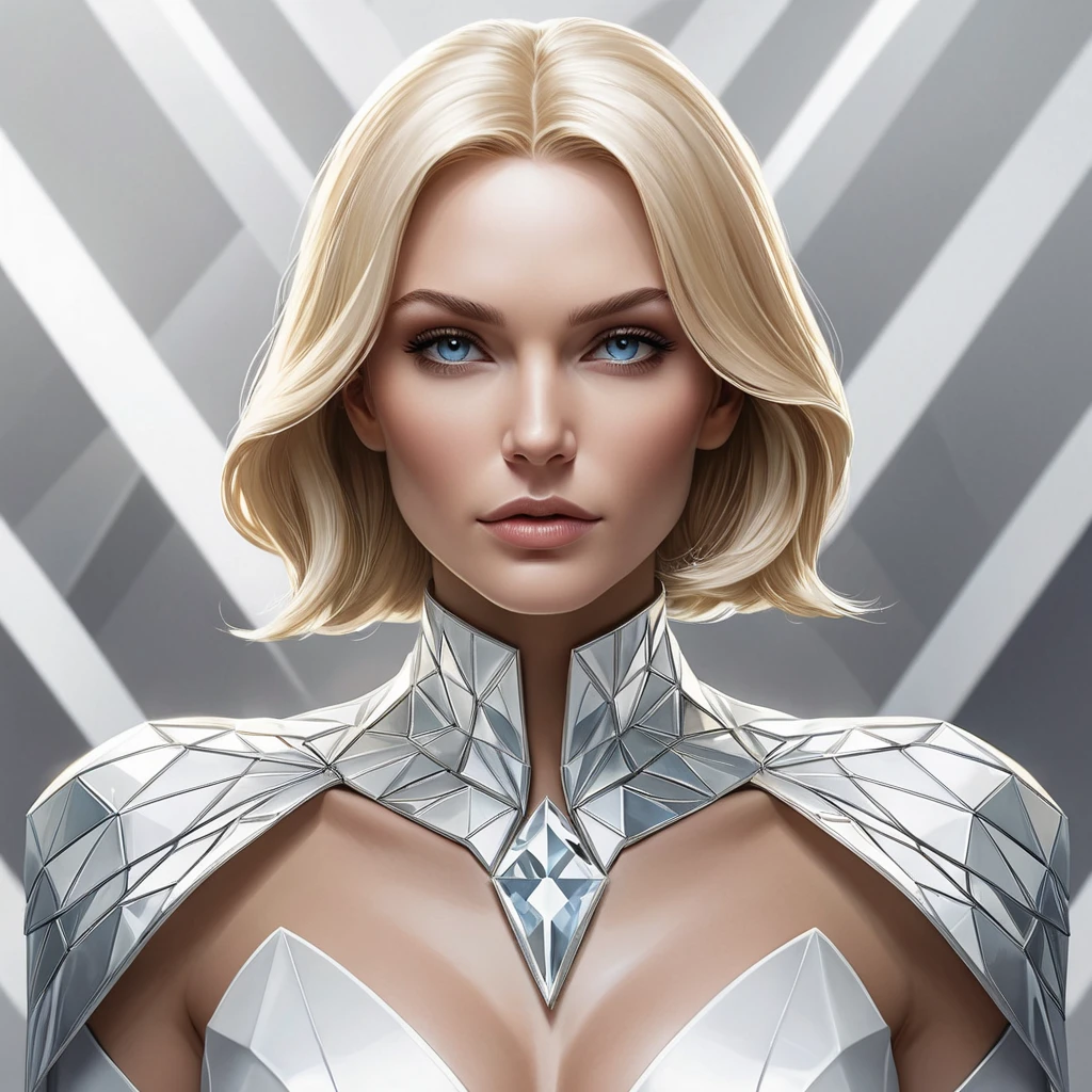 Emma Frost in diamond form, faceted skin sparkling, cold beauty, powerful stance, minimalist background, sharp lines, art deco inspiration, elegant