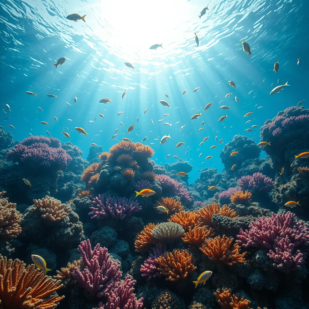 Bio luminescent coral reefs teeming with colorful fish, sunlight filtering through the crystal-clear water, creating dancing patterns of light and shadow, serene and magical