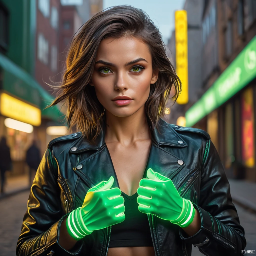 Rogue in a leather jacket, glowing green hands, defiant expression, rebellious attitude, urban setting, street art style, vibrant colors, cinematic lighting