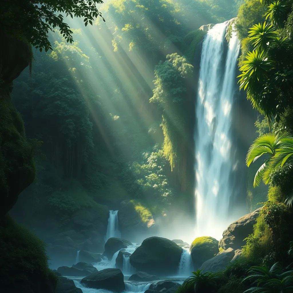 A cascading waterfall surrounded by lush, emerald-green rainforest, with rays of sunlight piercing through the dense canopy, creating a magical, ethereal glow.