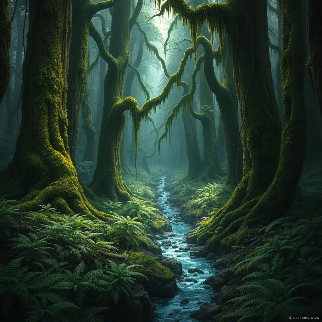 A dense, ancient forest with towering, moss-covered trees, a carpet of ferns, and a hidden, crystal-clear stream winding through the undergrowth.