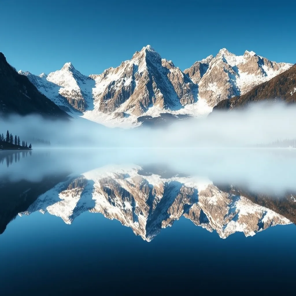 A serene alpine lake reflecting the towering, snow-capped peaks of the surrounding mountains, with a gentle mist hovering over the water's surface.