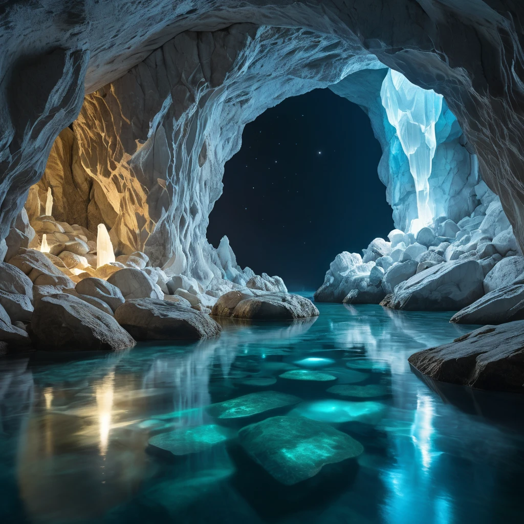 A hidden grotto bathed in ethereal moonlight, with crystal clear water flowing over smooth, white stones. Bioluminescent creatures illuminate the cave walls, casting an otherworldly glow.