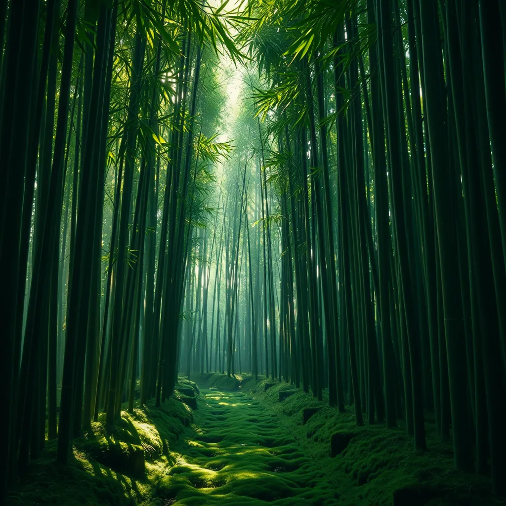 Deep within a bamboo forest, sunlight filters through the leaves, illuminating a moss-covered path. (Zen, meditation, green, ethereal)