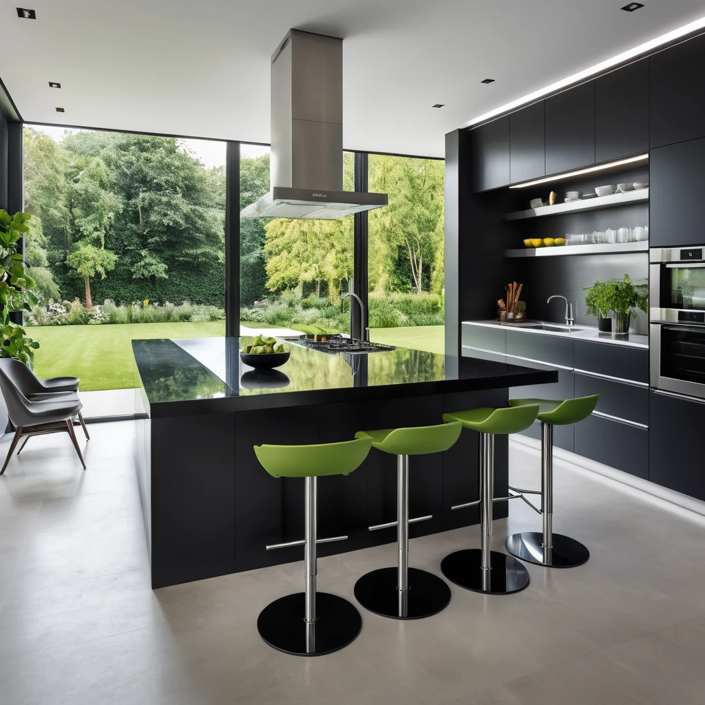 A futuristic kitchen with sleek, black cabinetry, stainless steel appliances, and a large island featuring a built-in induction cooktop and a breakfast bar with high-backed stools. A wall of windows overlooks a verdant garden.