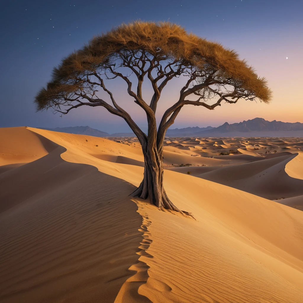 A vast, golden desert under a twilight sky, with dunes stretching endlessly, and a lone, ancient tree standing as a sentinel against the encroaching sands.