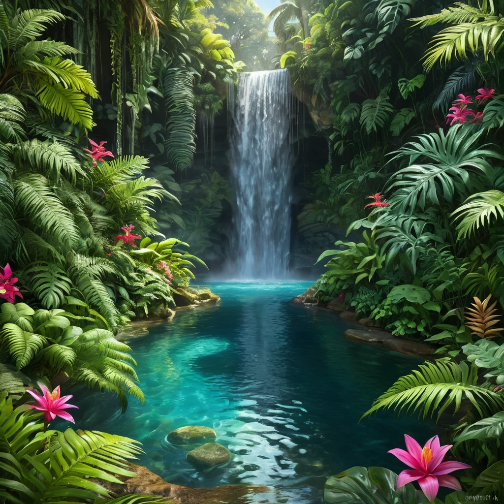 A hidden waterfall cascades into a crystal-clear pool surrounded by vibrant flowers and lush ferns. (Paradise, tropical, hidden oasis, untouched)