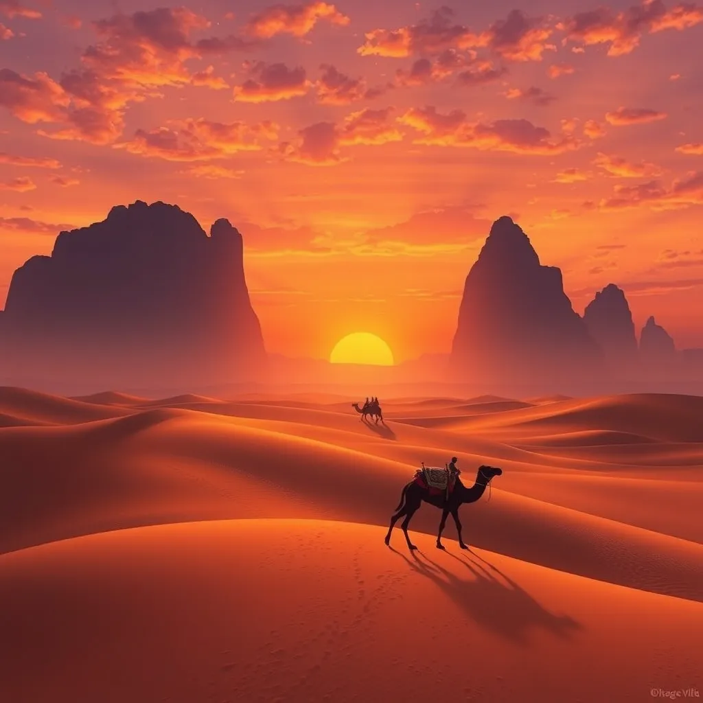 A vast, serene desert landscape at sunset, with towering sand dunes casting long shadows and a lone camel caravan silhouetted against the vibrant orange and purple sky.