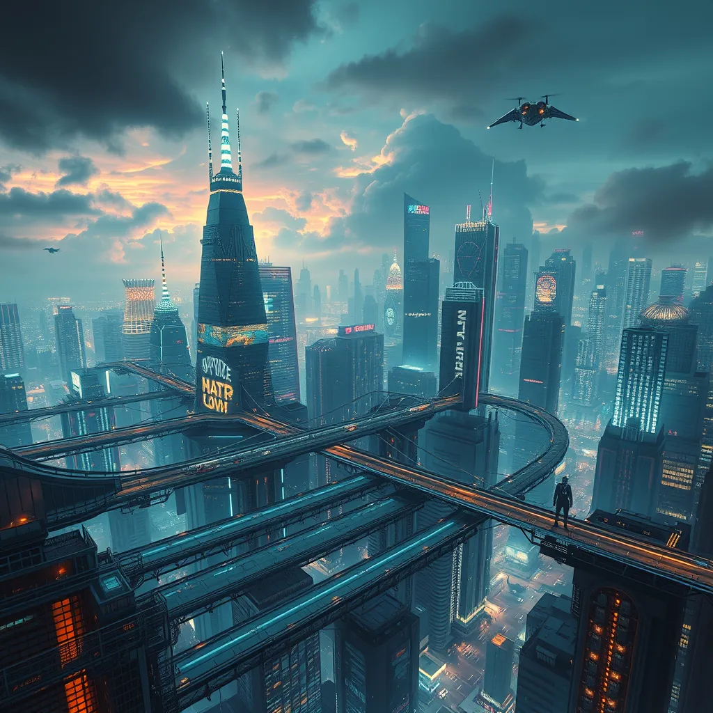 Cyberpunk cityscape, intricate network of neon-lit sky bridges connecting towering chrome skyscrapers, holographic advertisements projecting onto the clouds, flying cars zipping through the air, a lone figure silhouetted against the shimmering lights.