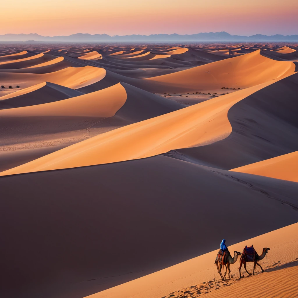 A vast, serene desert landscape at sunset, with towering sand dunes casting long shadows and a lone camel caravan silhouetted against the vibrant orange and purple sky.
