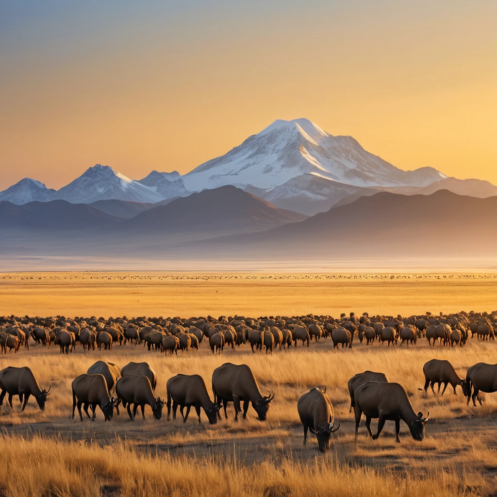 A panoramic view of a vast, golden savannah at dawn, with herds of wildlife grazing and a distant, snow-capped mountain range on the horizon.