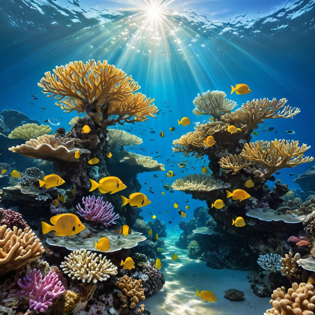 Bio luminescent coral reefs teeming with colorful fish, sunlight filtering through the crystal-clear water, creating dancing patterns of light and shadow, serene and magical
