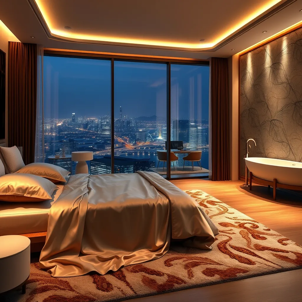 A luxurious bedroom with a king-size bed draped in silk sheets, a plush rug, and a large, freestanding bathtub with a view of a sparkling city at night. The room is bathed in soft, warm lighting.