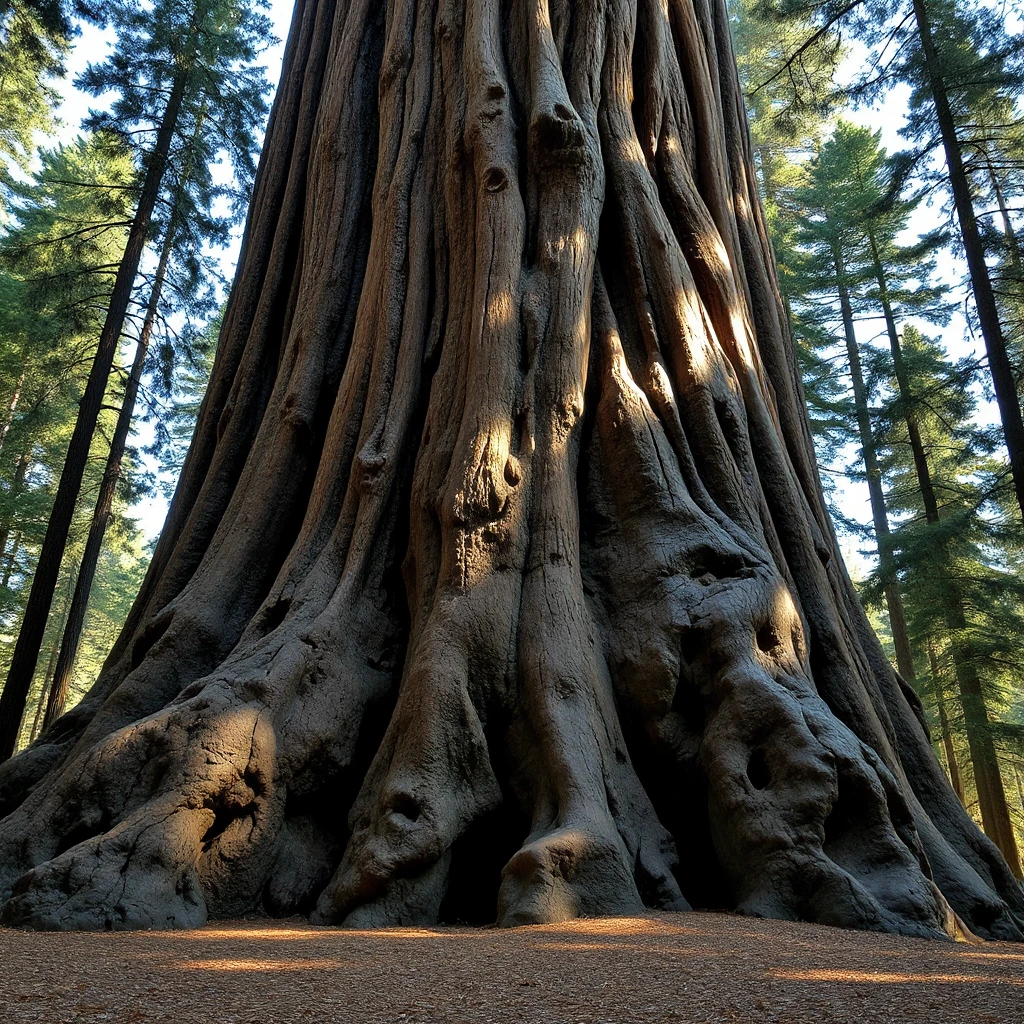 A massive, ancient sequoia tree, its bark deeply furrowed and textured. Sunlight filters through its canopy, illuminating a carpet of fallen needles on the forest floor.