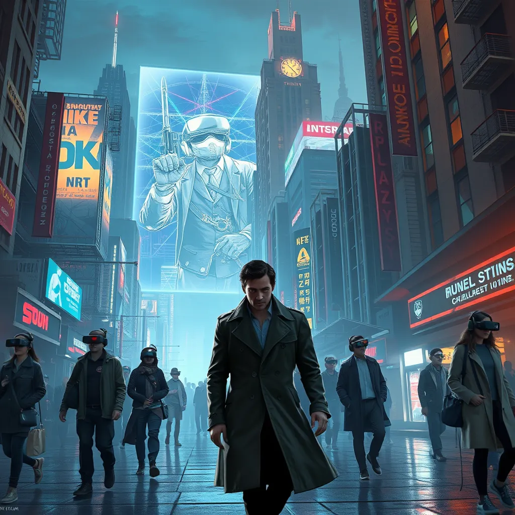A cyberpunk cityscape, a giant holographic advertisement for a virtual reality game dominates the skyline, people wearing VR headsets walk down the street, their eyes glazed over, a lone figure in a trench coat walks past, a look of defiance on their face.