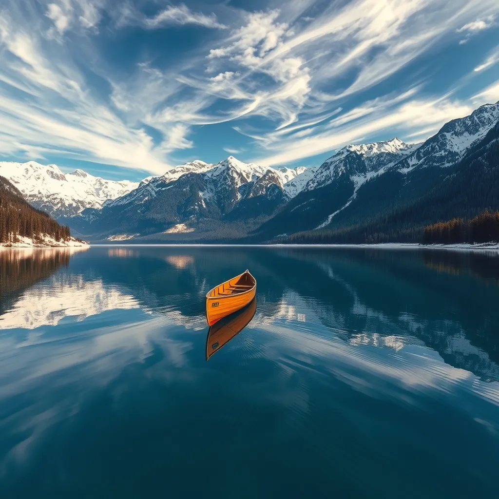 A serene lake nestled within a ring of snow-capped mountains, reflecting the azure sky and wispy clouds. A wooden canoe glides across the glassy surface, leaving a gentle ripple in its wake.