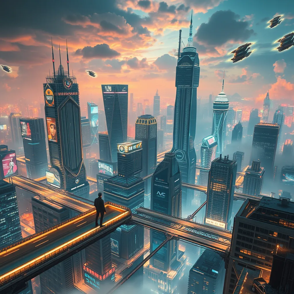 Cyberpunk cityscape, intricate network of neon-lit sky bridges connecting towering chrome skyscrapers, holographic advertisements projecting onto the clouds, flying cars zipping through the air, a lone figure silhouetted against the shimmering lights.