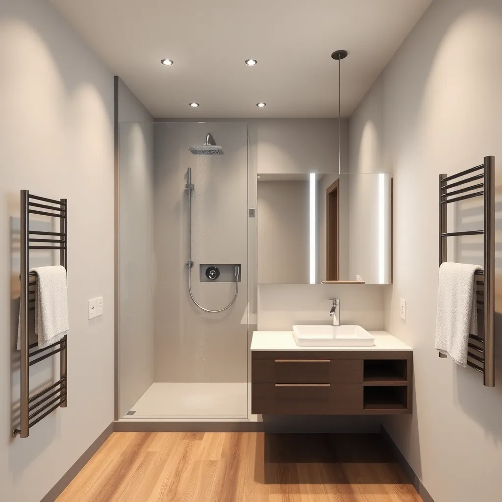 A modern bathroom with a large, walk-in shower featuring a rainfall shower head, a floating vanity with a sleek sink and mirror, and a heated towel rack. The room features a minimalist color palette with accents of warm wood and natural stone.