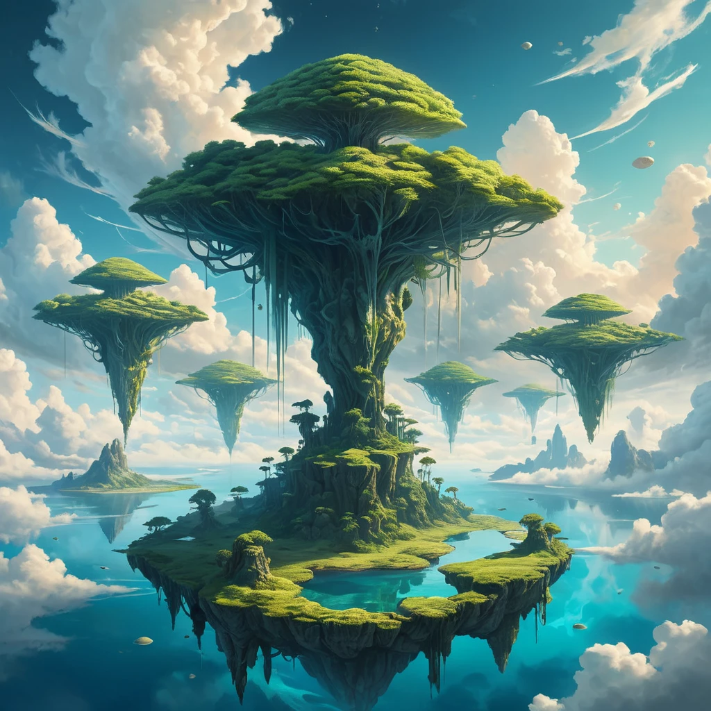 A surreal, otherworldly landscape, with floating islands suspended in a sky filled with swirling clouds. Strange, bioluminescent plants illuminate the scene with an ethereal glow.