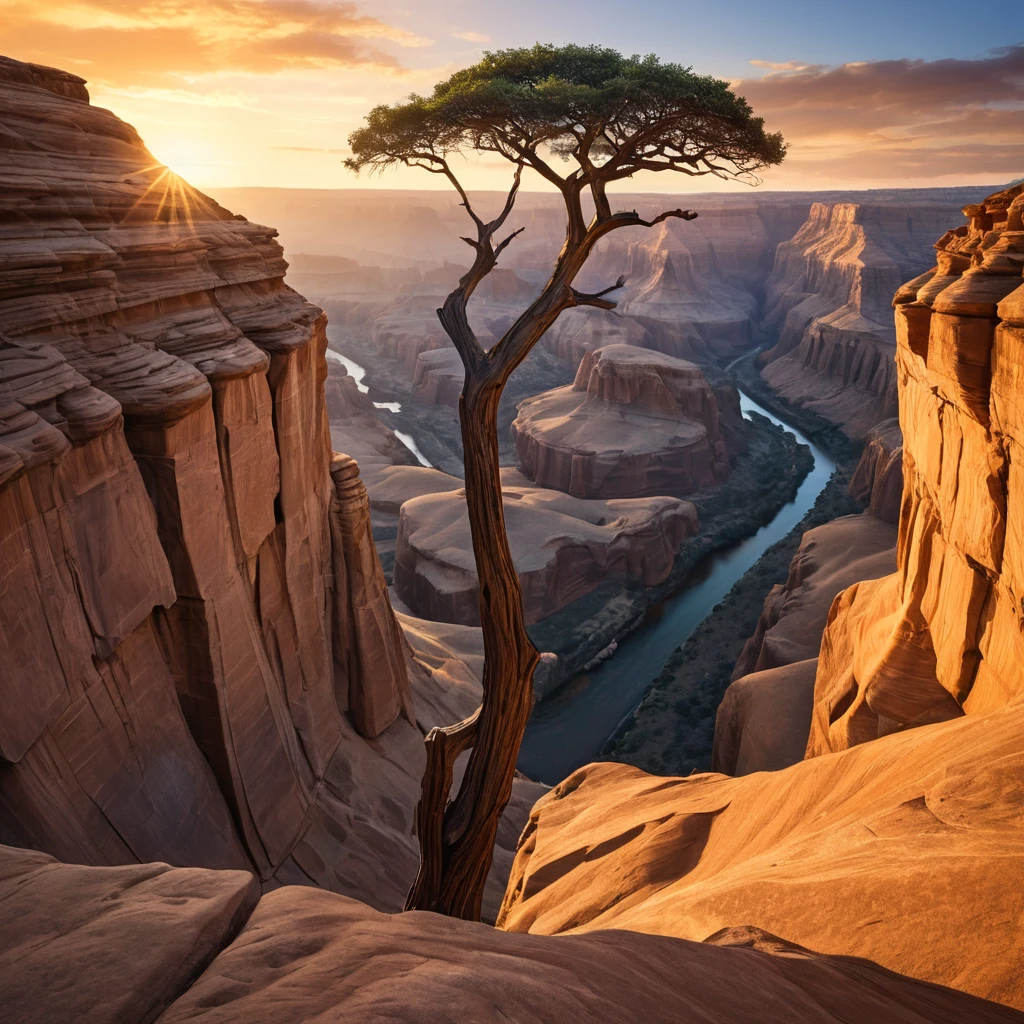 A vast, otherworldly canyon carved by time, with towering sandstone formations reaching towards a vibrant, sunset sky. A lone, weathered tree clings to the edge, its roots grasping the ancient rock.