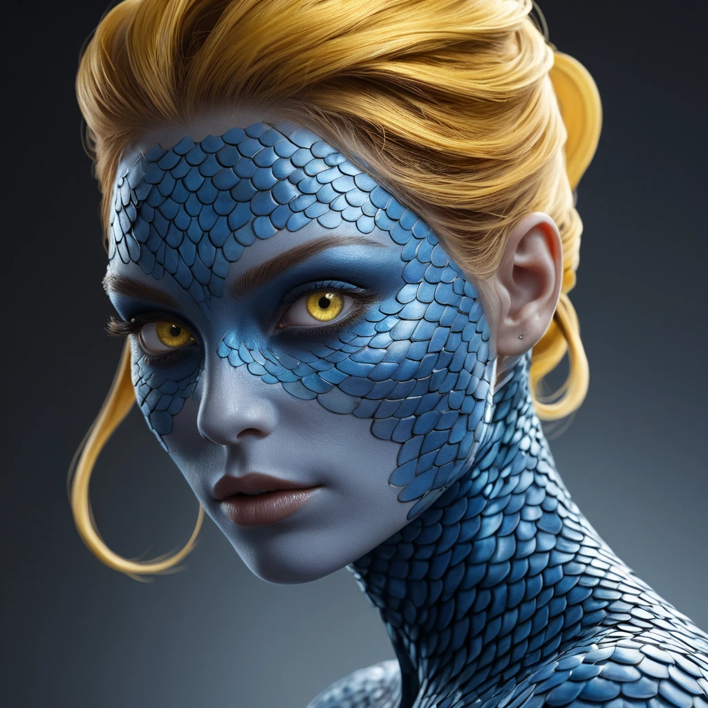 Mystique shifting into form, blue scales transforming into smooth skin, piercing yellow eyes, a hint of mischief, dynamic pose, dramatic lighting, photorealistic