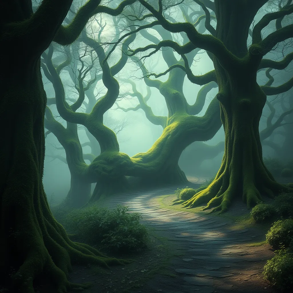 A mystical forest bathed in mist, ancient trees adorned with glowing moss, a path winding its way through the ethereal landscape, dappled sunlight, magical realism
