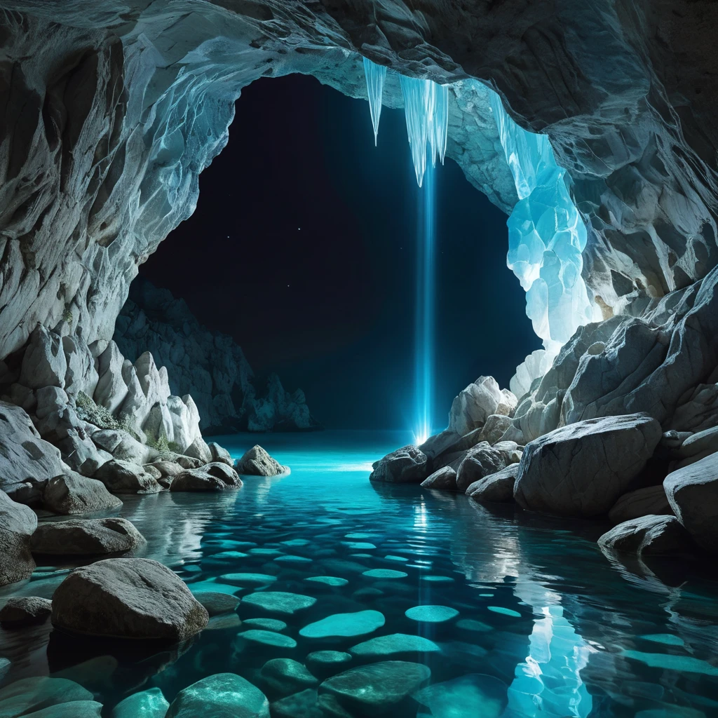 A hidden grotto bathed in ethereal moonlight, with crystal clear water flowing over smooth, white stones. Bioluminescent creatures illuminate the cave walls, casting an otherworldly glow.