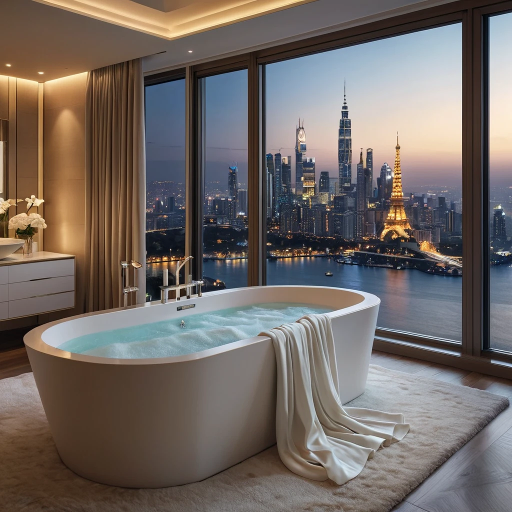 A luxurious bedroom with a king-size bed draped in silk sheets, a plush rug, and a large, freestanding bathtub with a view of a sparkling city at night. The room is bathed in soft, warm lighting.