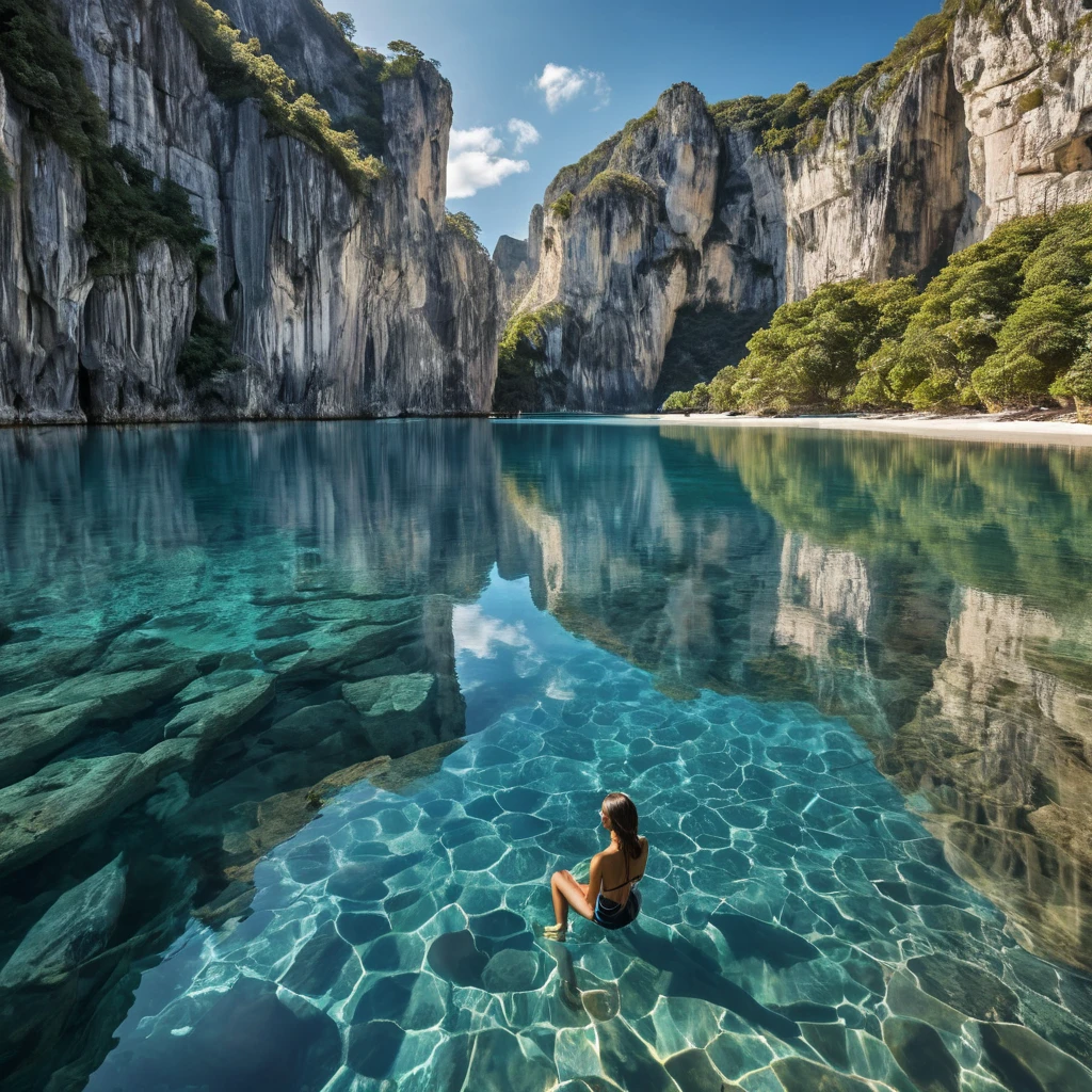 A hidden, crystal-clear lagoon surrounded by towering limestone cliffs, with the water so still it mirrors the sky above, creating a perfect, otherworldly reflection.