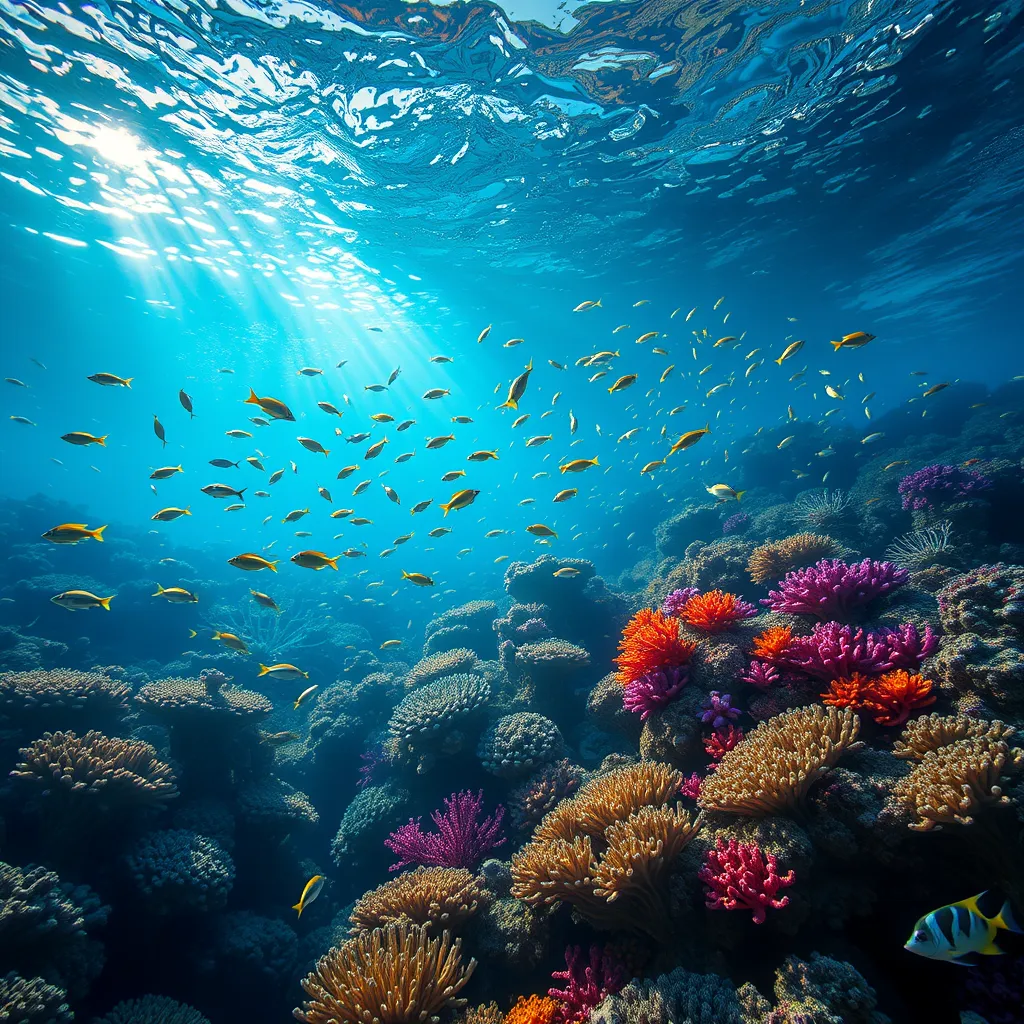 Bio luminescent coral reefs teeming with colorful fish, sunlight filtering through the crystal-clear water, creating dancing patterns of light and shadow, serene and magical