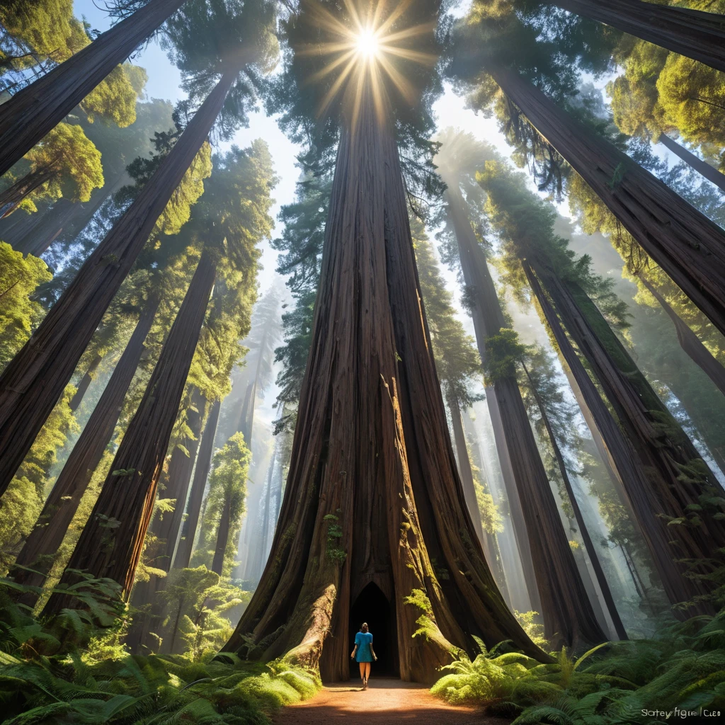 A towering, ancient redwood forest, where the massive trees form a cathedral-like canopy, and shafts of sunlight pierce through the dense foliage.