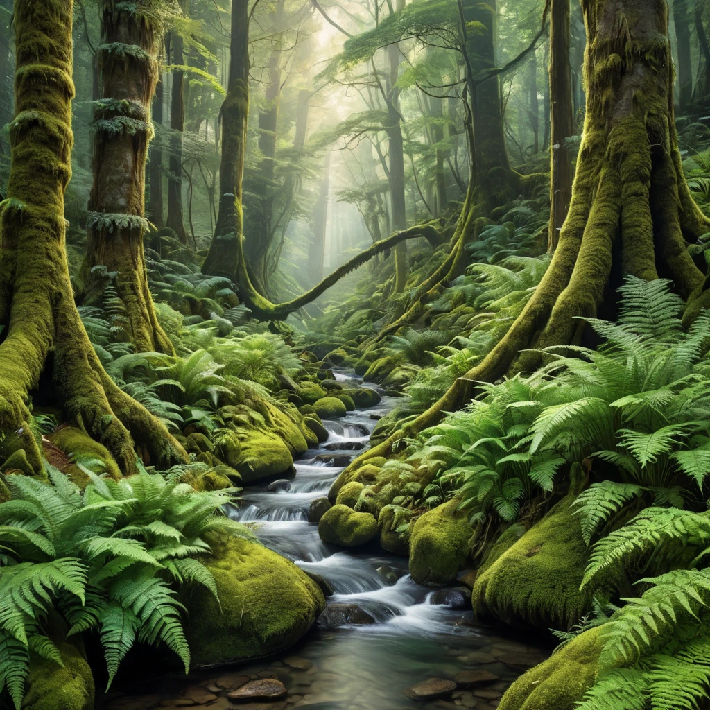 A dense, ancient forest with towering, moss-covered trees, a carpet of ferns, and a hidden, crystal-clear stream winding through the undergrowth.