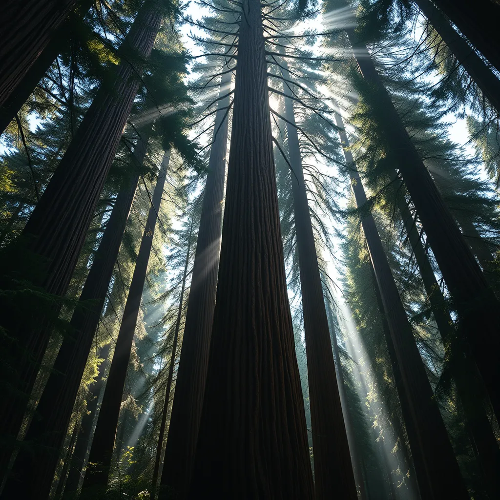 A towering, ancient redwood forest, where the massive trees form a cathedral-like canopy, and shafts of sunlight pierce through the dense foliage.