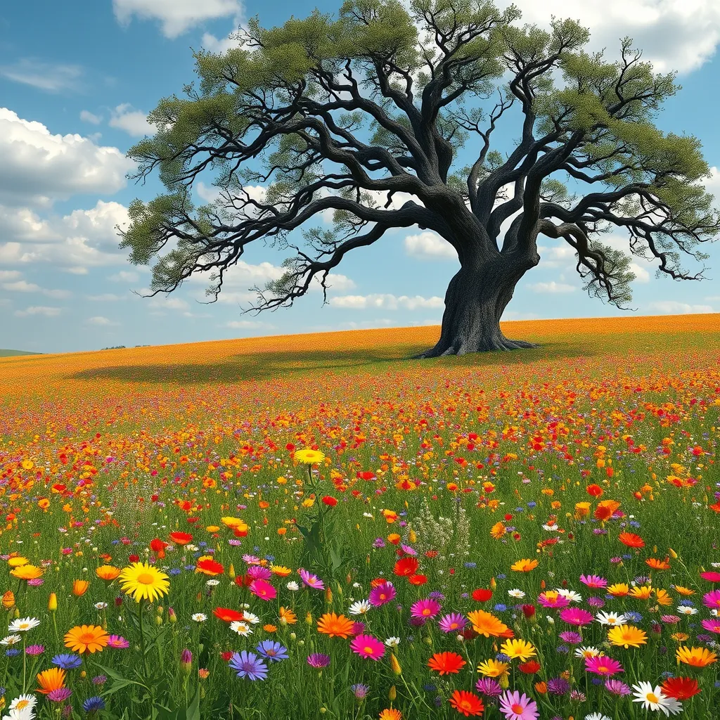 A field of vibrant wildflowers bursting into bloom, stretching as far as the eye can see. A solitary, ancient oak tree stands sentinel, its gnarled branches reaching out like protective arms.