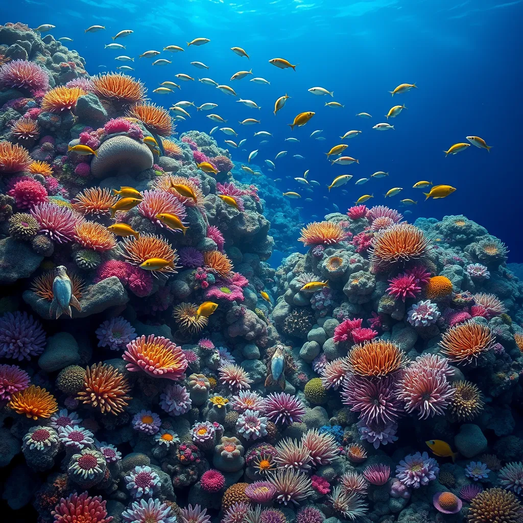A vibrant, colorful coral reef teeming with marine life, including schools of fish, sea turtles, and vibrant anemones, all set against the deep blue ocean.