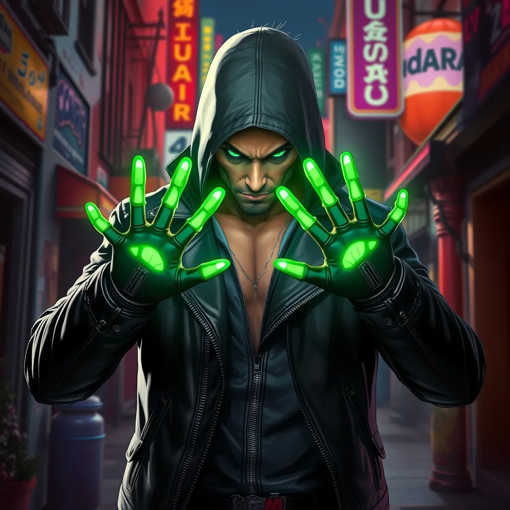 Rogue in a leather jacket, glowing green hands, defiant expression, rebellious attitude, urban setting, street art style, vibrant colors, cinematic lighting