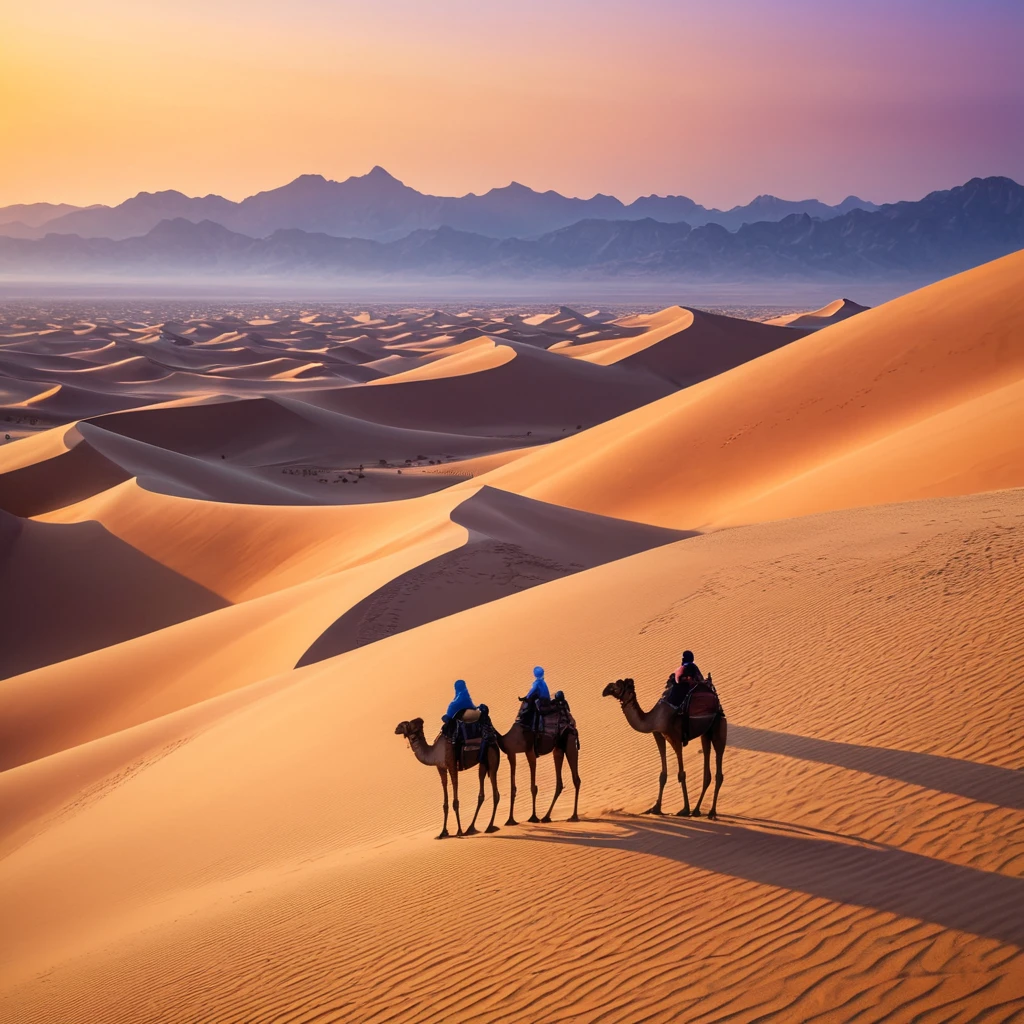 A vast, serene desert landscape at sunset, with towering sand dunes casting long shadows and a lone camel caravan silhouetted against the vibrant orange and purple sky.