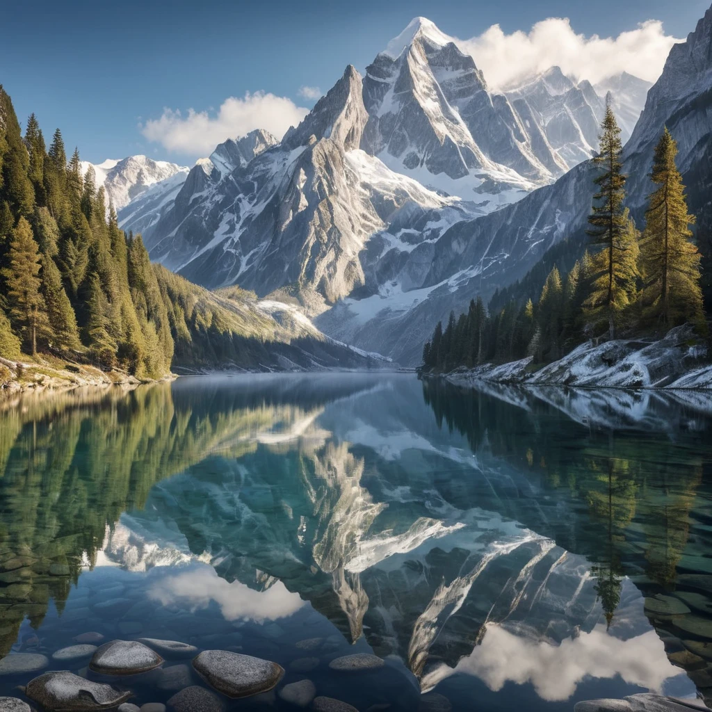 A serene alpine lake reflecting the towering, snow-capped peaks of the surrounding mountains, with a gentle mist hovering over the water's surface.