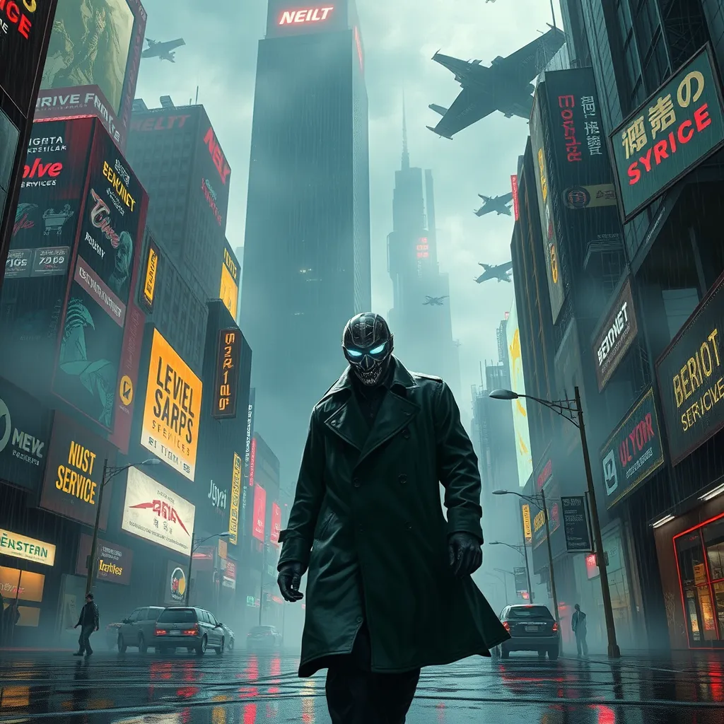 A towering, neon-drenched cyberpunk city, with holographic billboards advertising illicit services and flying vehicles weaving through the smog-filled sky. In the foreground, a lone figure in a trench coat walks down a rain-slicked street, their face obscured by a glowing cybernetic mask.