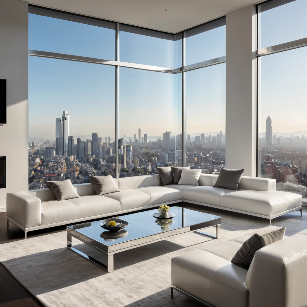 A minimalist living room with a large, panoramic window overlooking a bustling city skyline. Sunlight streams through the window, illuminating a white leather sofa, a sleek coffee table made of polished chrome, and a modern fireplace with a glowing fire.