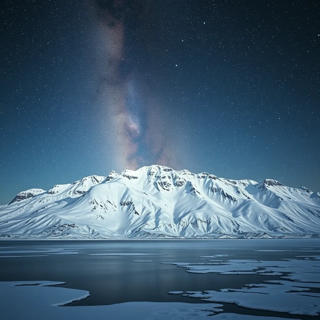 A snow-covered mountain range under a clear, starry night sky, with the Milky Way visible in the background and a frozen lake reflecting the celestial beauty.