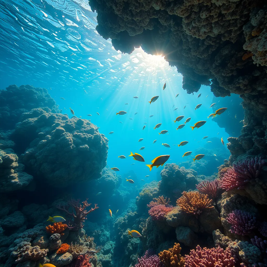 Bio luminescent coral reefs teeming with colorful fish, sunlight filtering through the crystal-clear water, creating dancing patterns of light and shadow, serene and magical