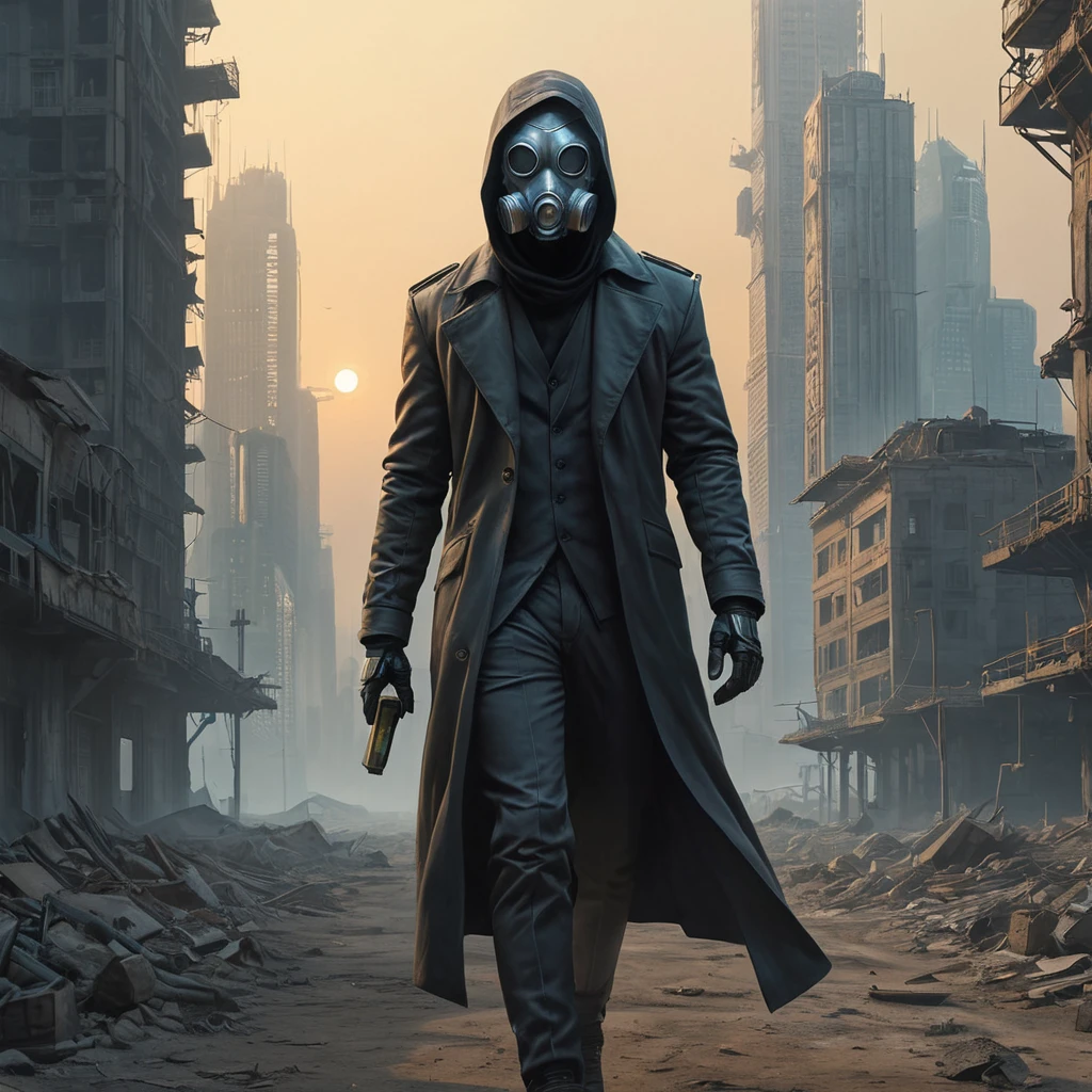 A cyberpunk dystopia, a desolate wasteland dotted with crumbling skyscrapers, the air thick with smog and radiation, a lone figure walks through the wasteland, their face obscured by a mask, carrying a flickering lantern.